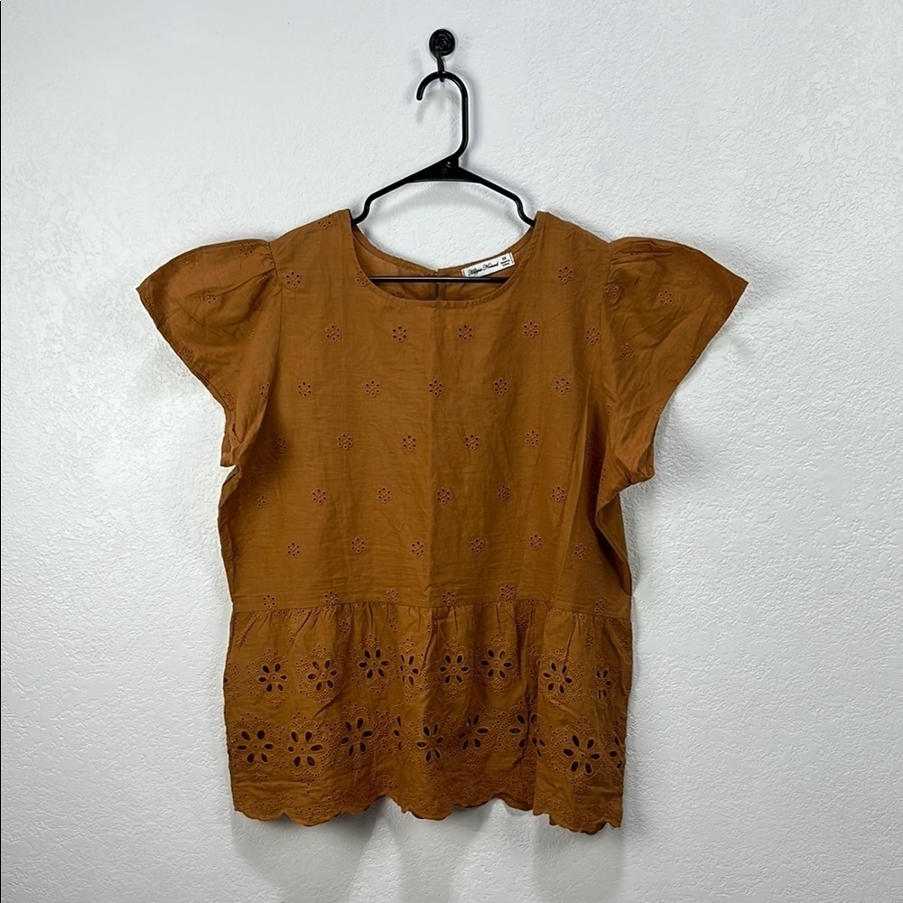 Hippie Nomad Brown Eyelet Women Top Plus Size 2X Ruffle Sleeve Bohemian TC0579